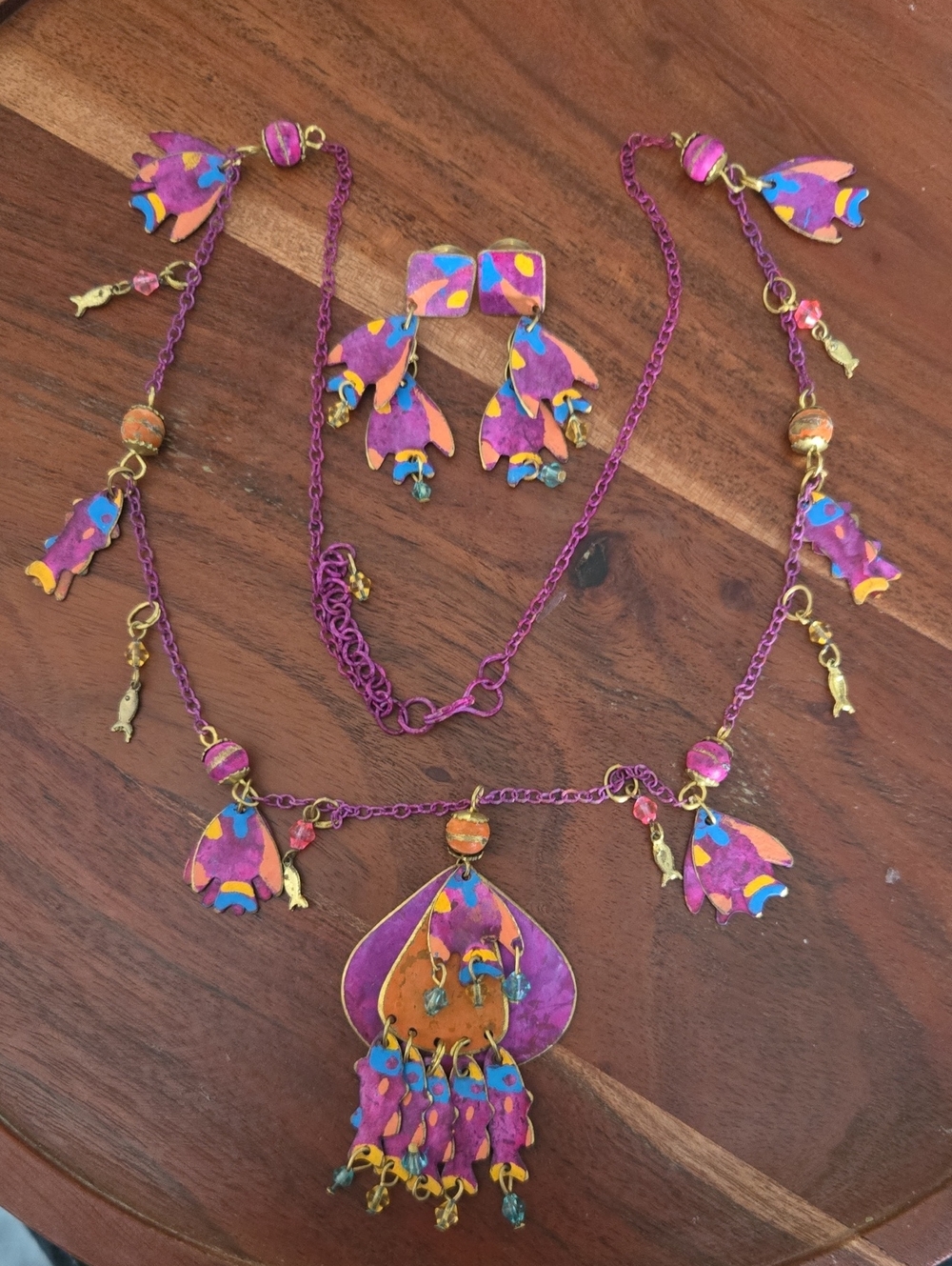 Bohemian Purple & Pink Enamel Fish Pendant Necklace and Earrings Set